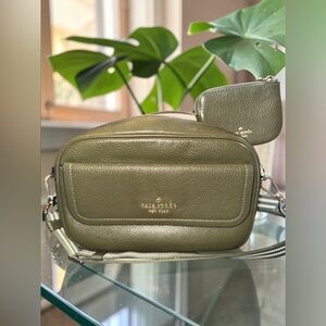Kate Olive Green NWOT Pebbled Leather Crossbody with Matching Coin Case